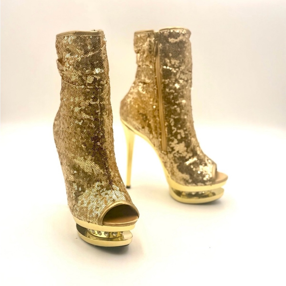 Pleaser Gold Sequin Peep-Toe Boots
